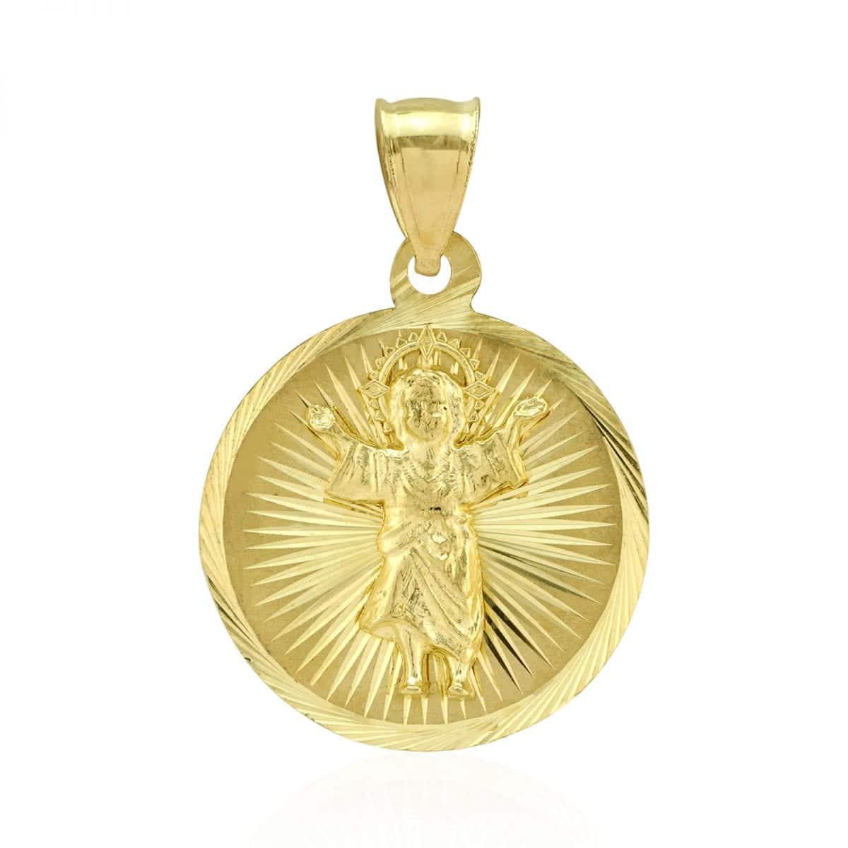 10k Yellow Gold Diamond Cut Divino Niño Jesús Round Medallion Pendant
