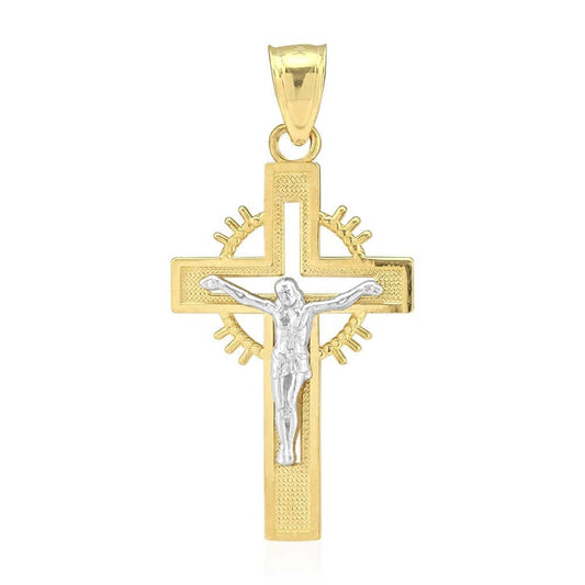 10k Two Tone Gold Diamond-Cut Jesus Crucifix Religious Cross Pendant 1.26"