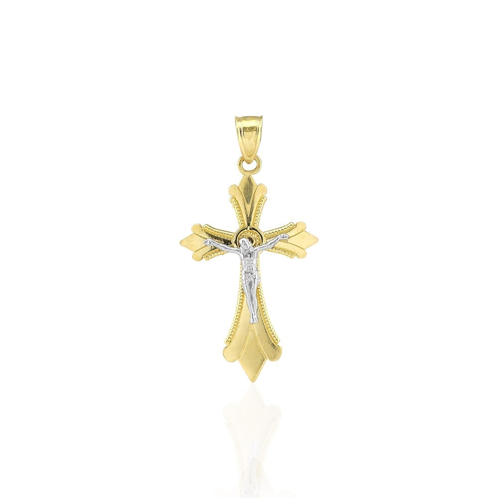 10k Yellow Gold Milgrain Textured Jesus Crucifix Religious Cross Pendant 1.42"