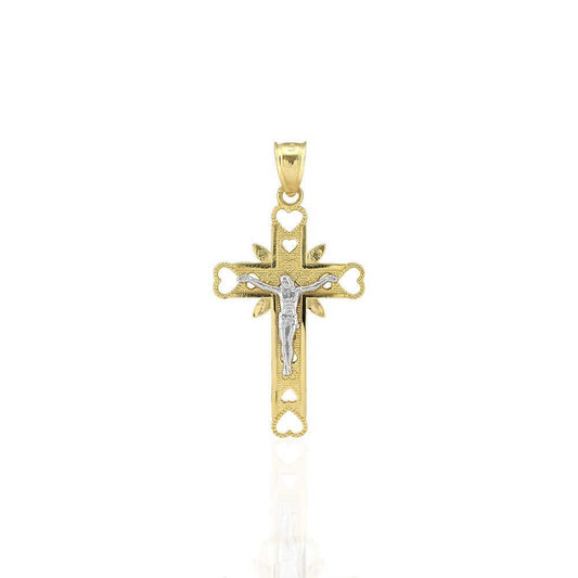 10k Yellow Gold Milgrain Heart Jesus Crucifix Religious Cross Pendant 1.38"