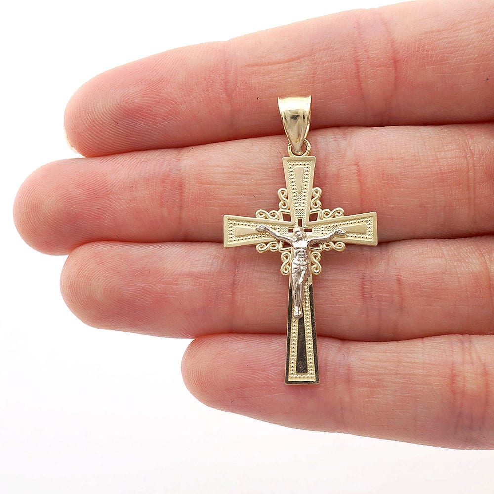 10k Yellow Gold Filigree Textured Jesus Crucifix Religious Cross Pendant 1.55"