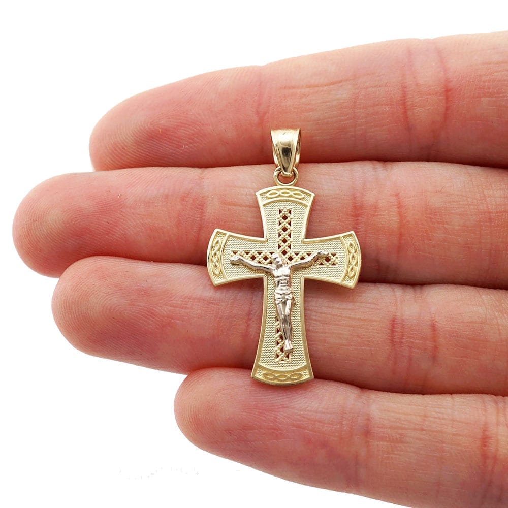 10k Yellow Gold Filigree Textured Jesus Crucifix Religious Cross Pendant 1.26"
