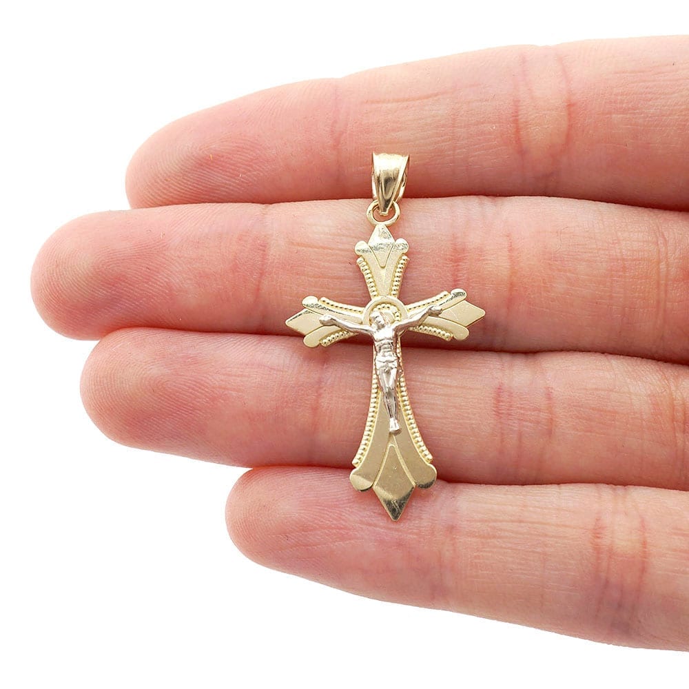 10k Yellow Gold Milgrain Textured Jesus Crucifix Religious Cross Pendant 1.42"