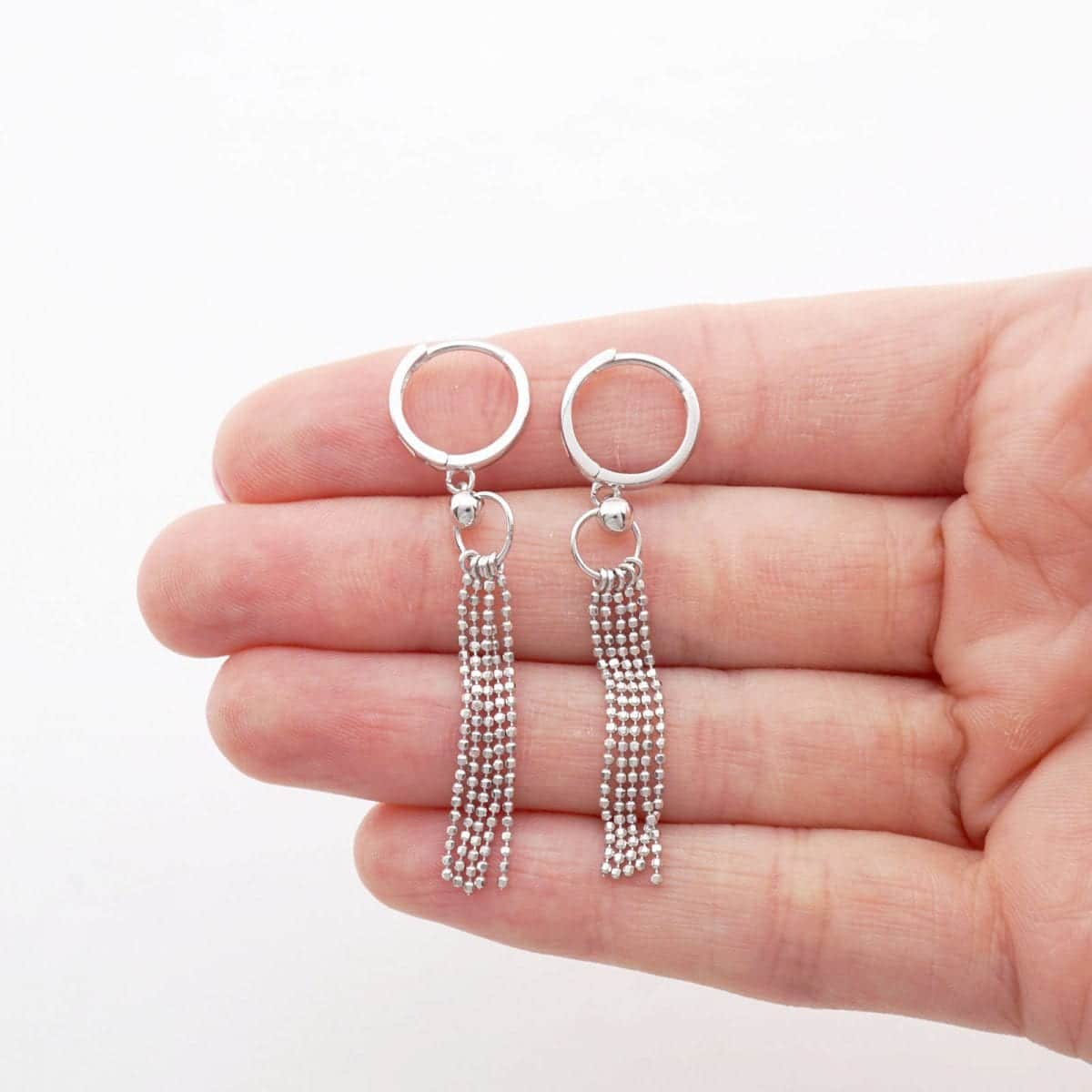14k White Gold Drop Ball Chain Hinged Snapback Huggie Hoop Earrings