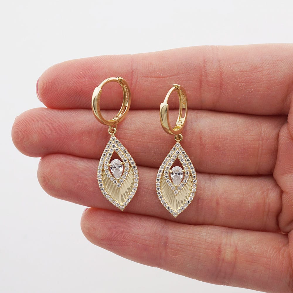 CZ 14k Yellow & White Gold Feather Huggie Hoop Earrings