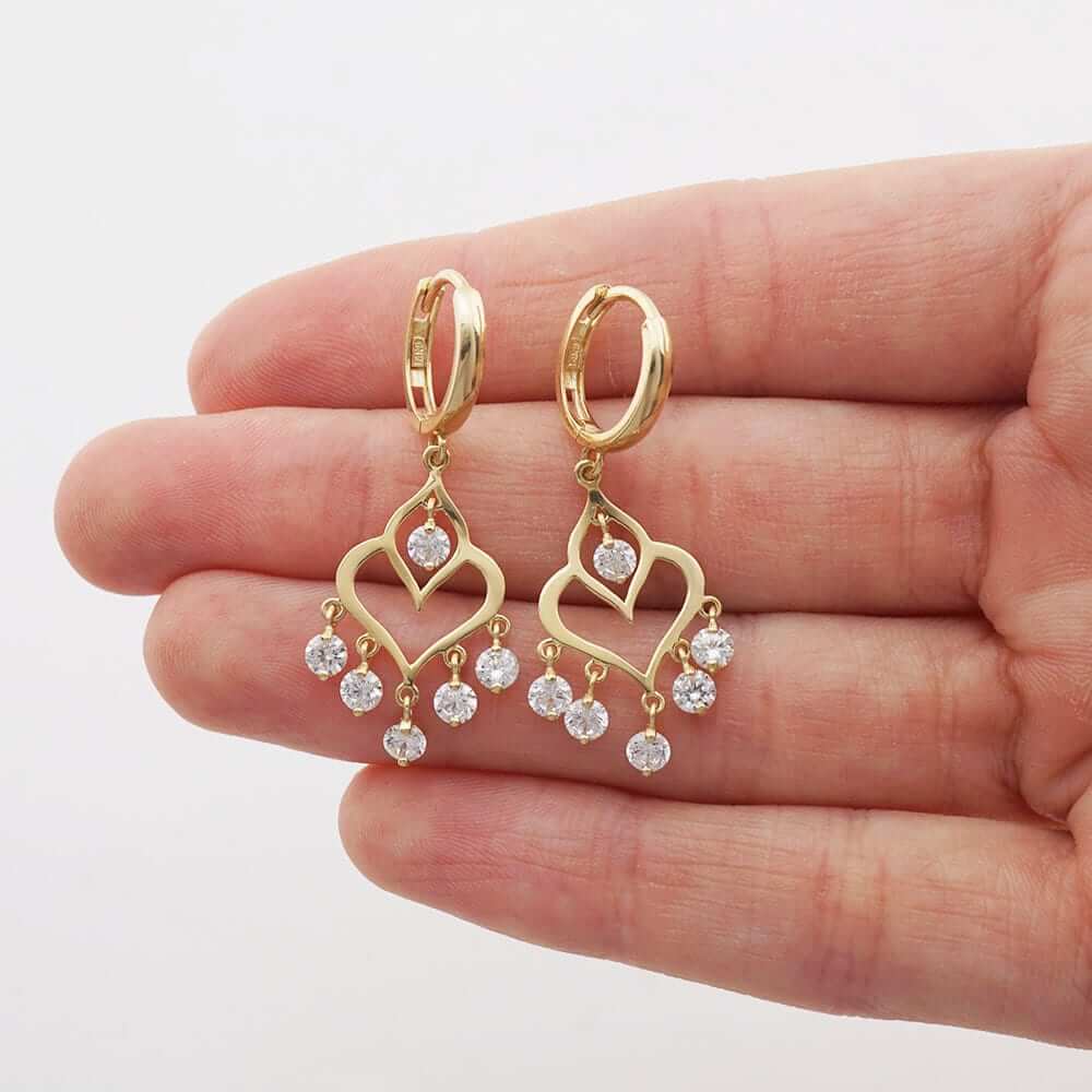 14k Yellow & White Gold CZ Chandelier Huggie Hoop Earrings