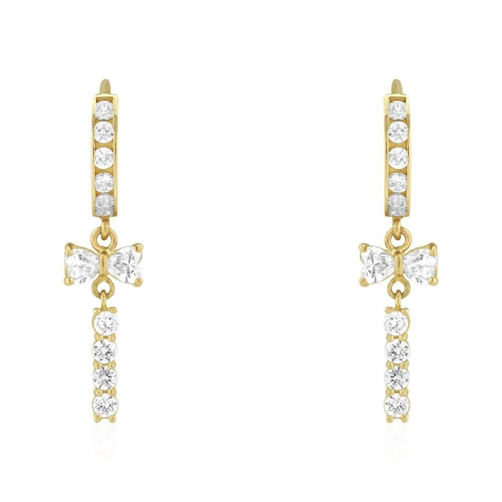 CZ 14k Yellow & White Gold Bow Double Huggie Hoop Earrings