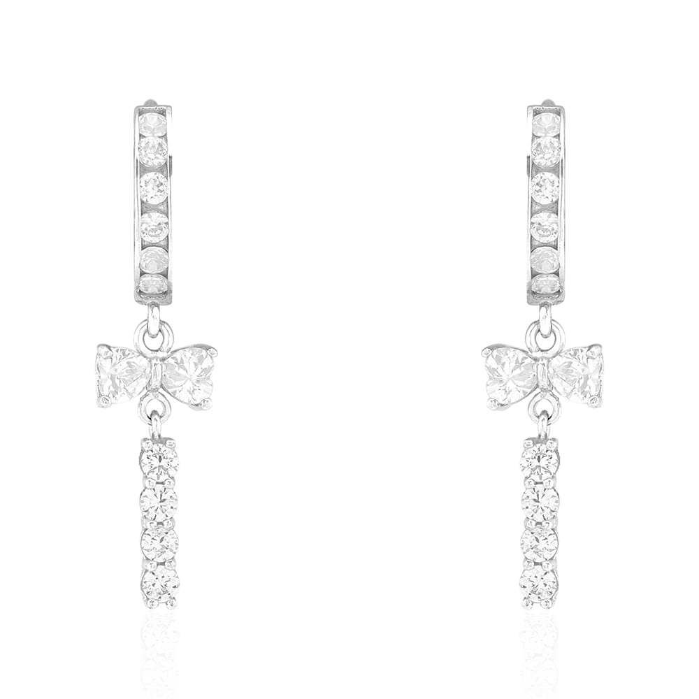 Created Diamond 14k Yellow & White Gold Bow Double Huggie Hoop Earrings