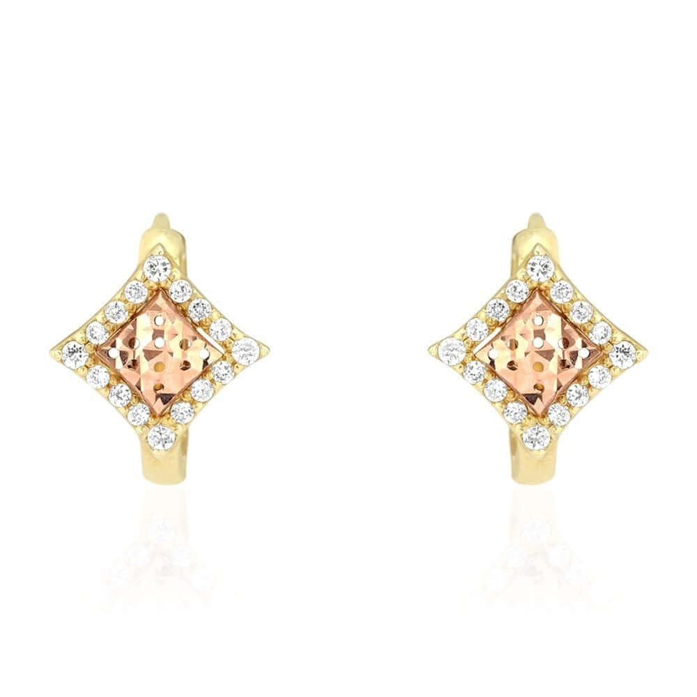 14k Yellow & Rose Gold White CZ Huggie Hoop Earrings 1Ct