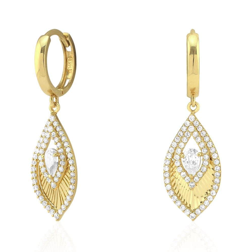 CZ 14k Yellow & White Gold Feather Huggie Hoop Earrings