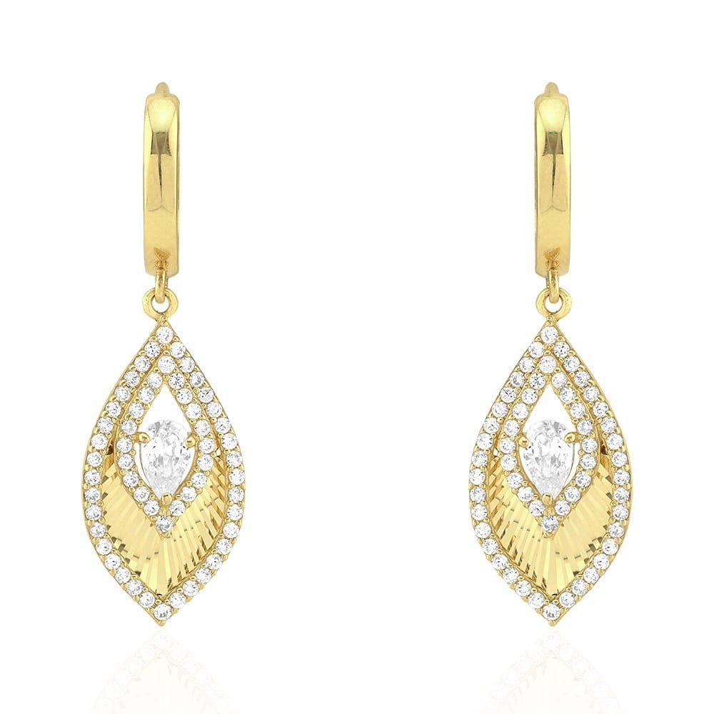 CZ 14k Yellow & White Gold Feather Huggie Hoop Earrings