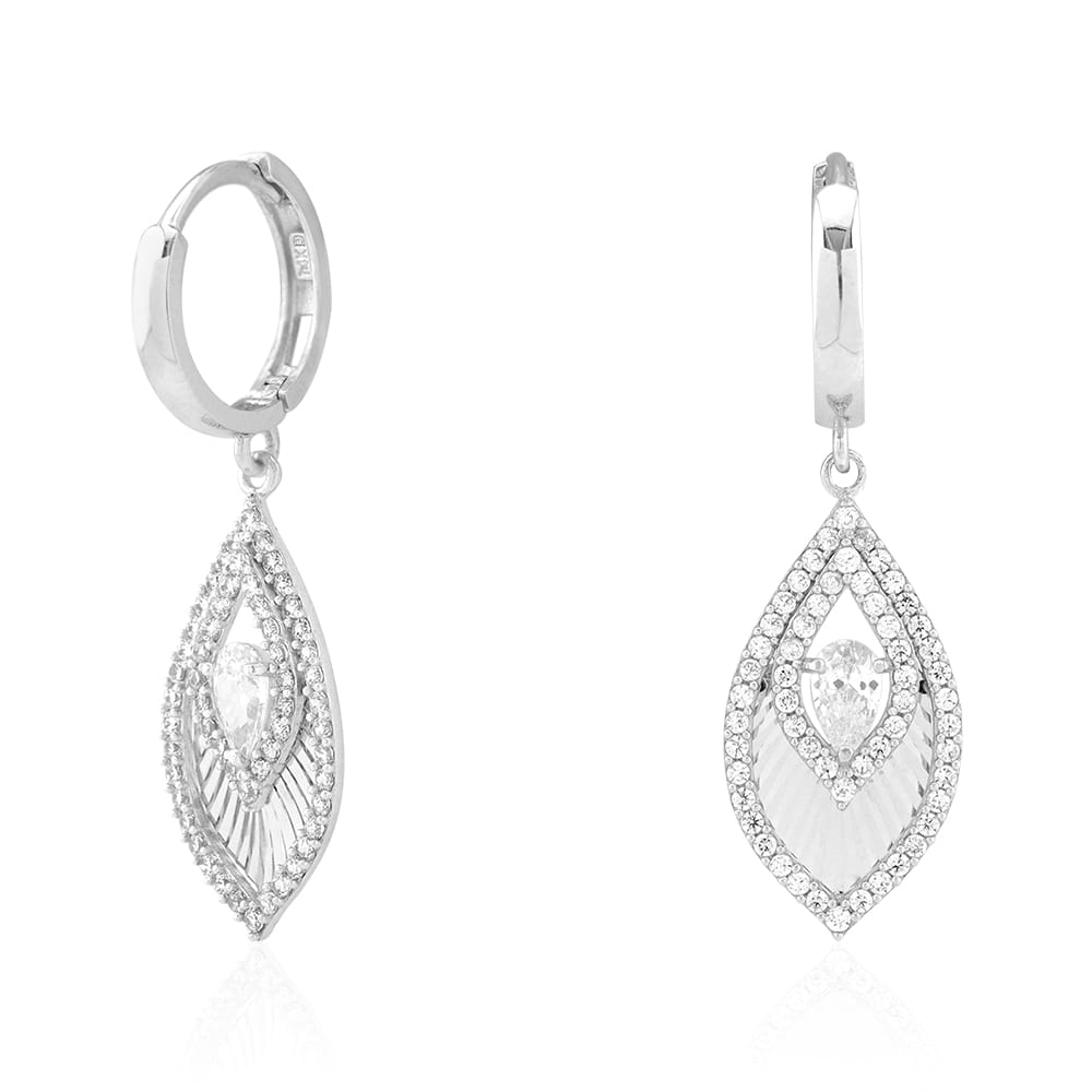 CZ 14k Yellow & White Gold Feather Huggie Hoop Earrings