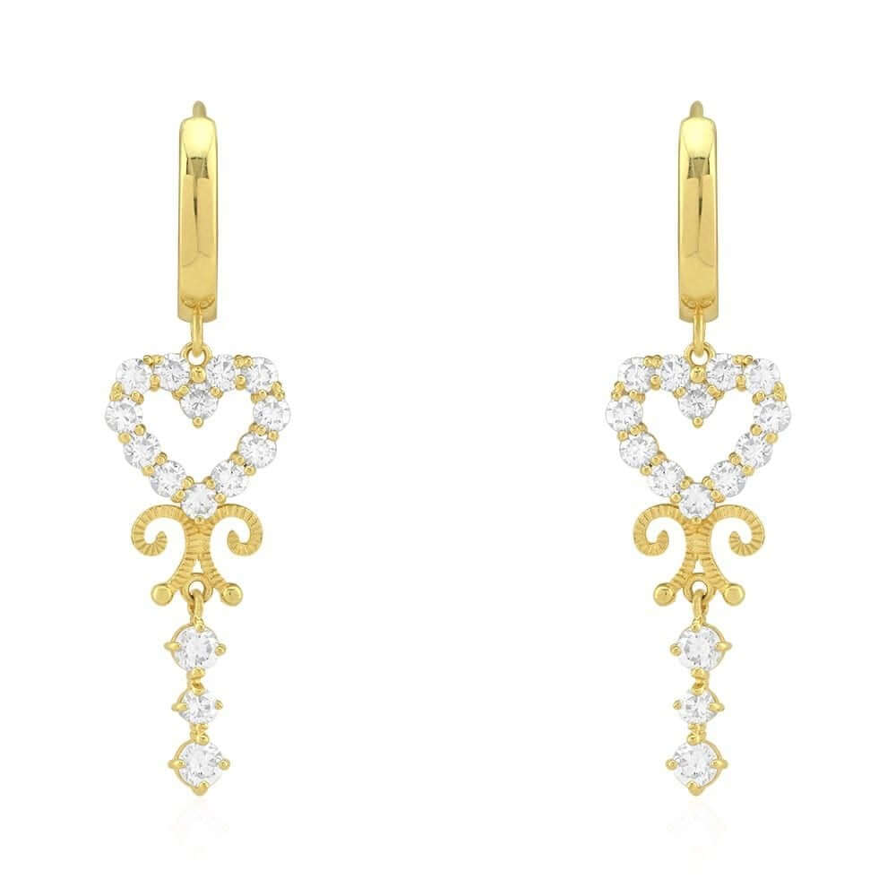 14k Yellow Gold CZ Heart Filigree Huggie Hoop Earrings