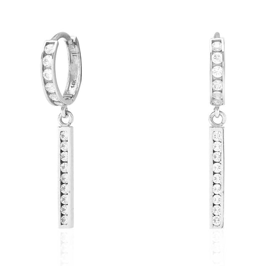 14k White Gold 0.75Ct CZ Bar Drop Huggie Hoop Earrings