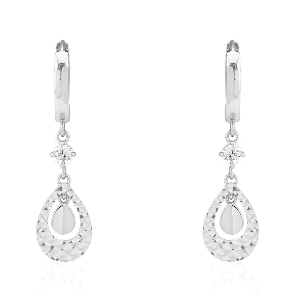 14k White Gold CZ Teardrop Huggie Hoop Earrings
