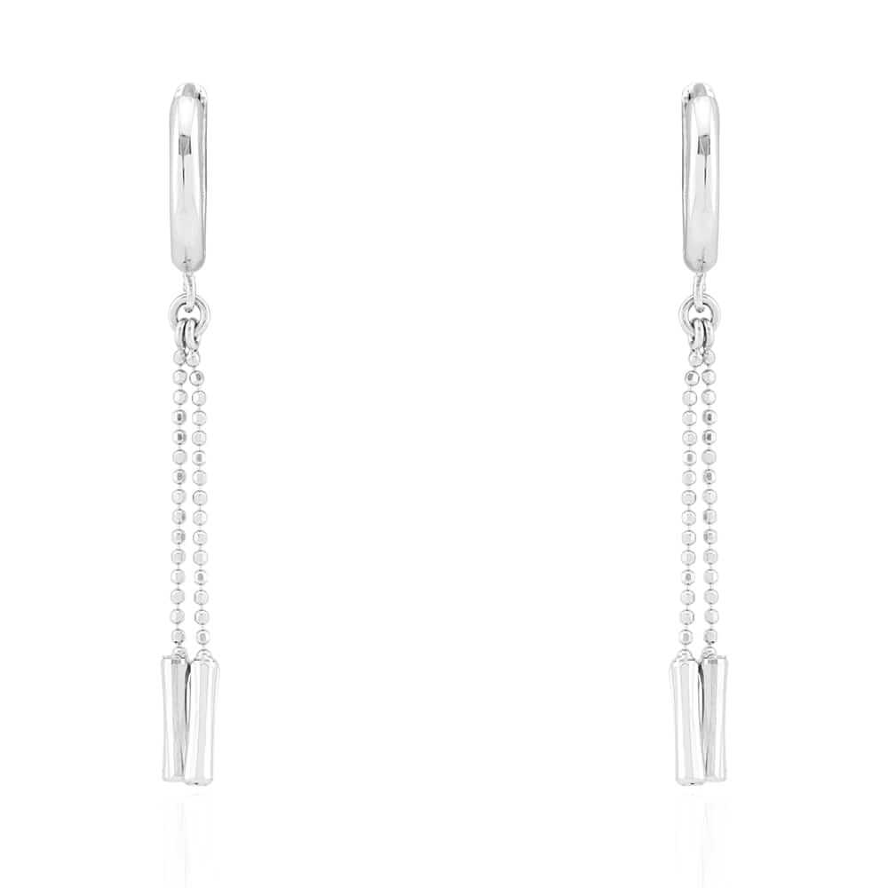14k White Gold Diamond-Cut Ball Chain Drop Huggie Hoop Earrings