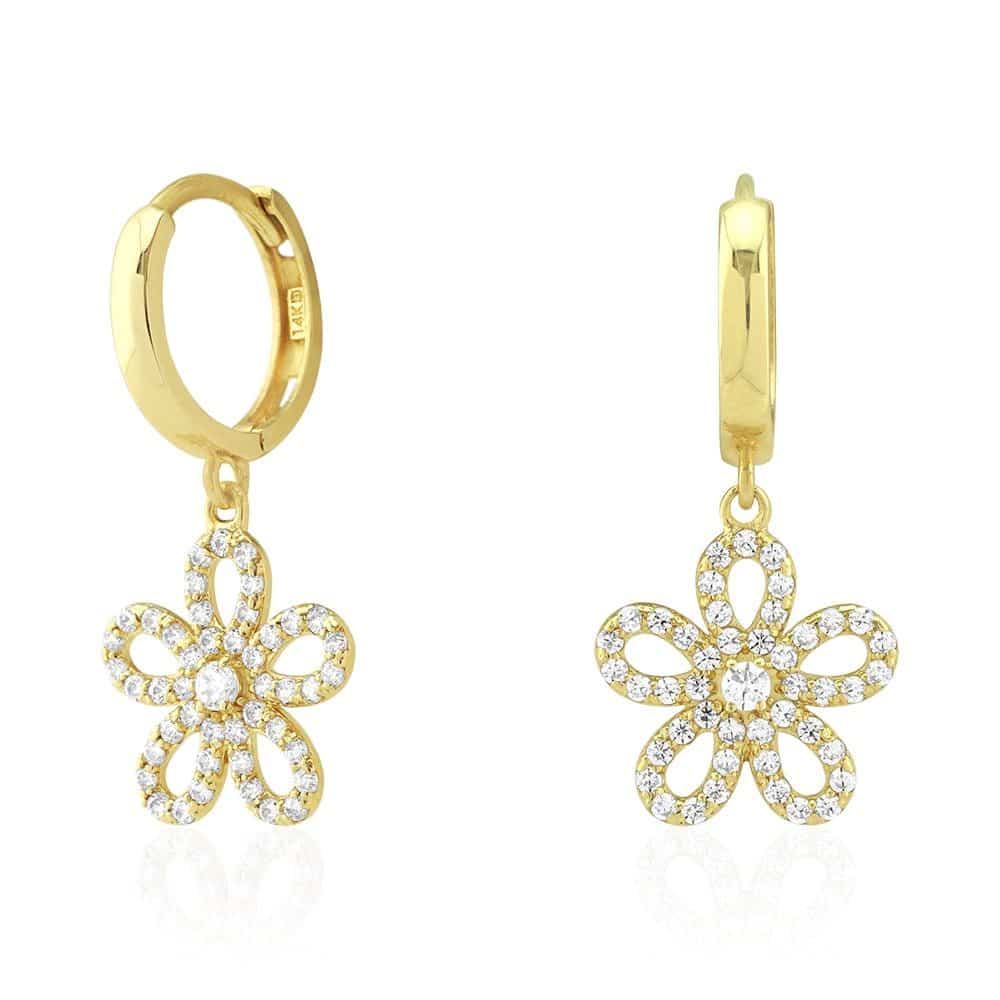14k Yellow & White Gold CZ Flower Huggie Hoop Earrings