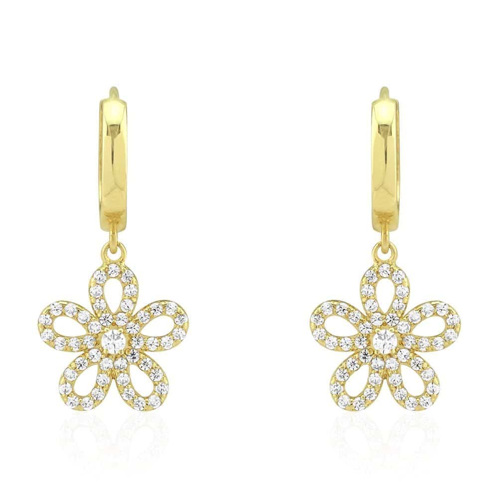 14k Yellow & White Gold CZ Flower Huggie Hoop Earrings
