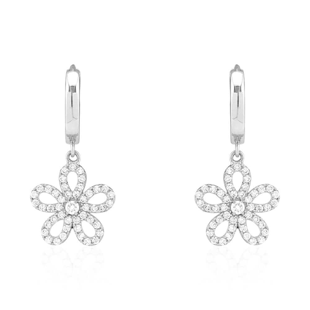 14k Yellow & White Gold CZ Flower Huggie Hoop Earrings