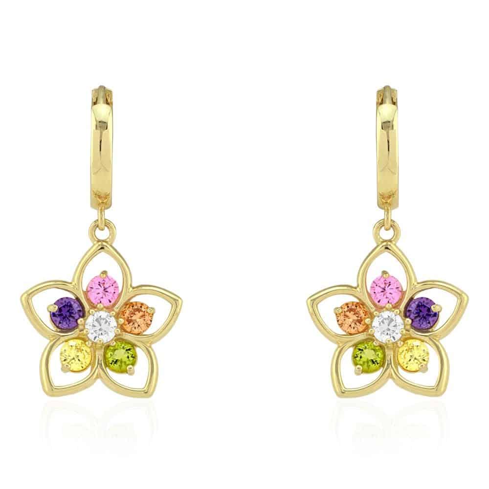 14k Yellow & White Gold Multi-color Gemstone Flower Huggie Hoop Earrings