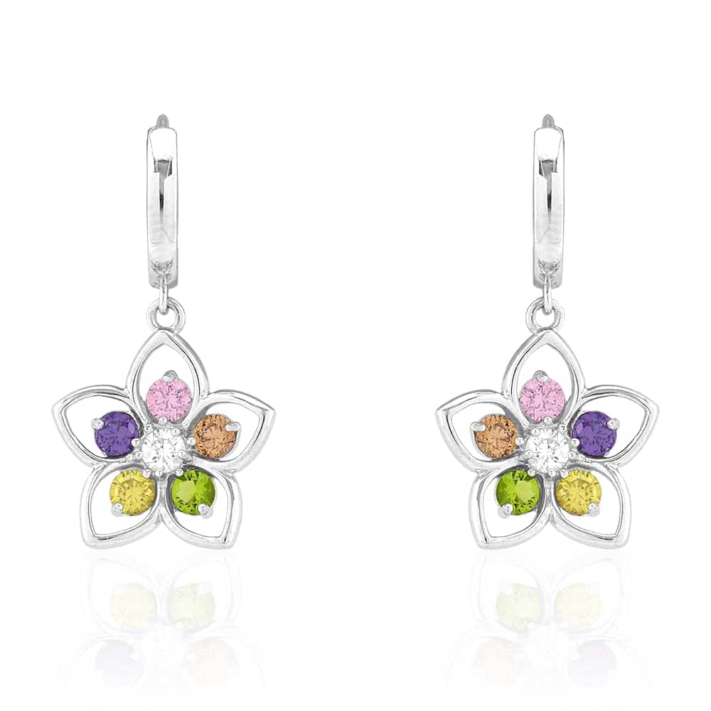 14k Yellow & White Gold Multi-color Gemstone Flower Huggie Hoop Earrings