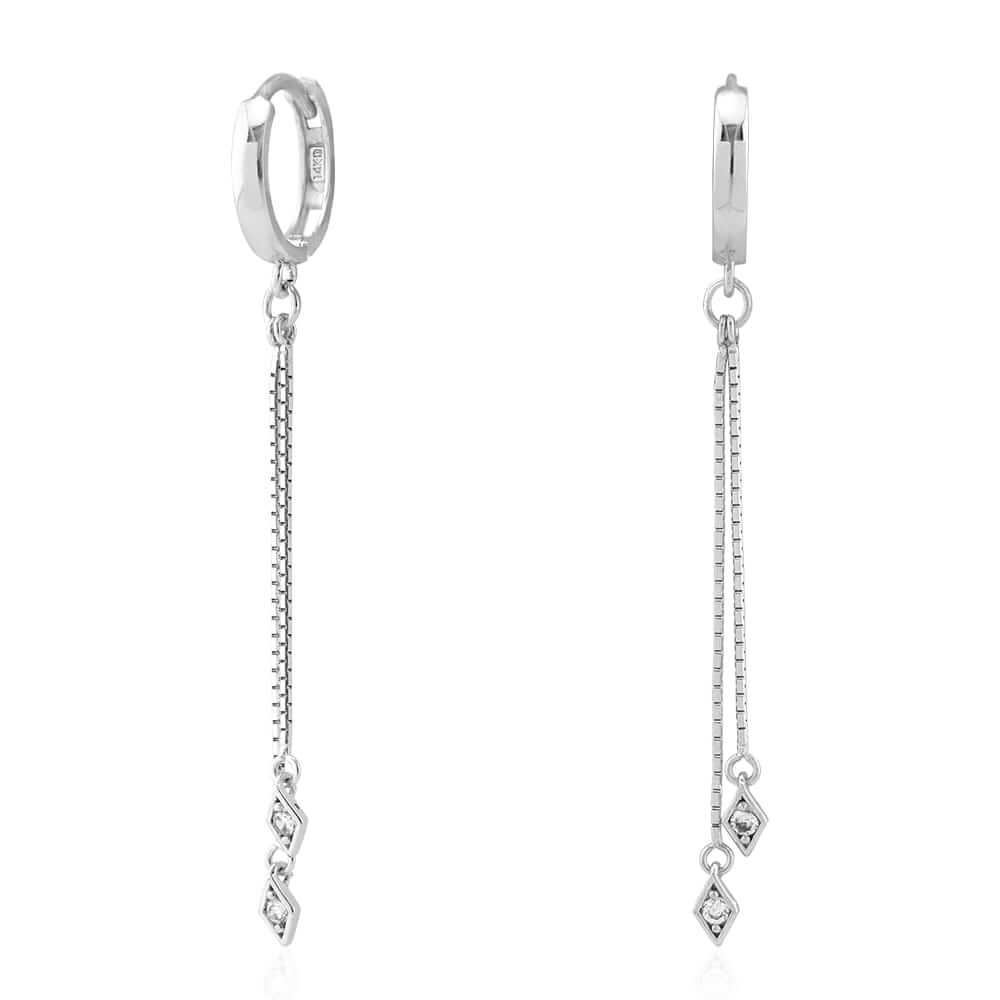 14K White Gold CZ Box Chain Huggie Hoop Earrings