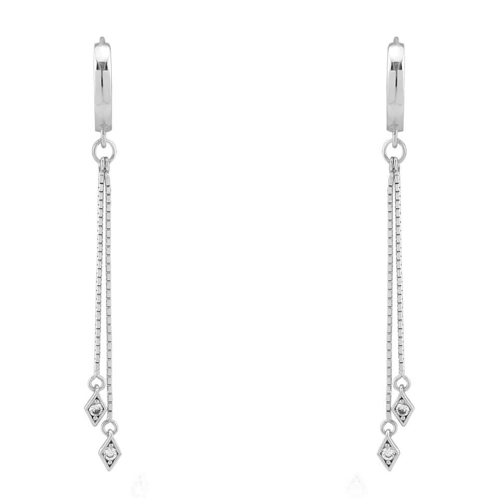 14K White Gold CZ Box Chain Huggie Hoop Earrings