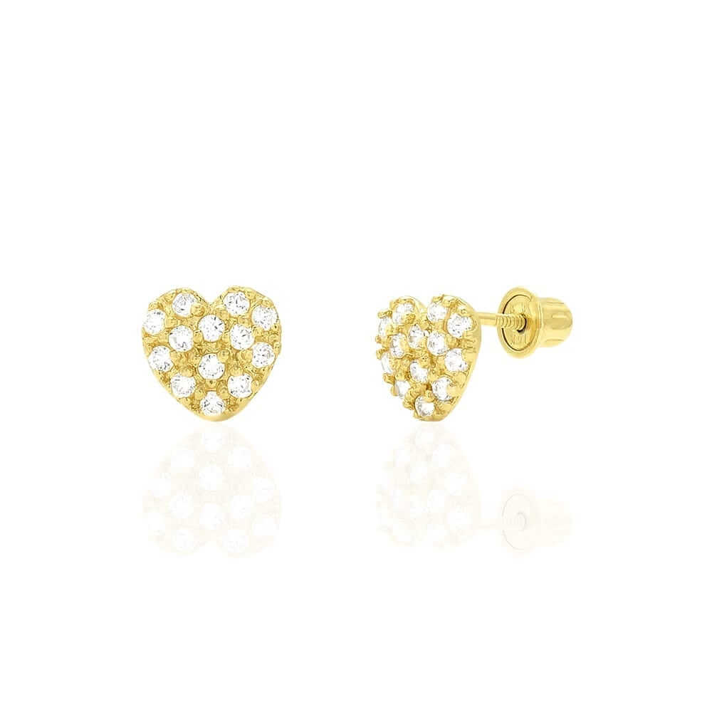 14k Yellow Gold White Gold CZ Heart Screw Back Stud Earrings