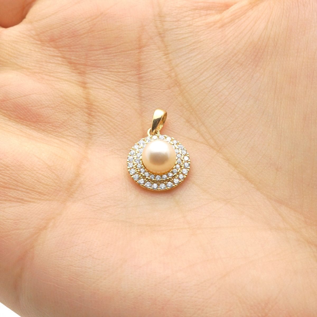 14K Gold 0.60Ct CZ Cultured Pearl Halo Pendant 0.71"