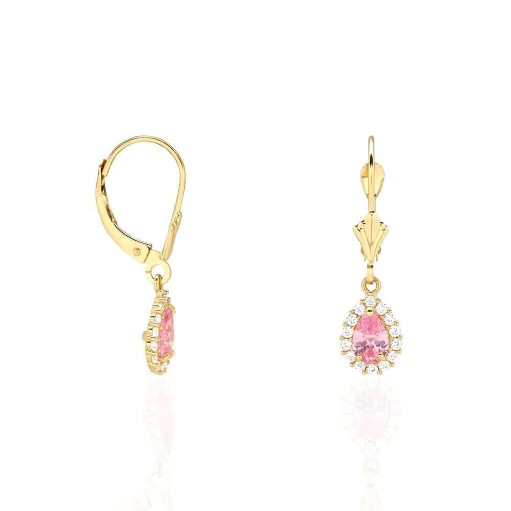 14K Gold Birthstone Halo Teardrop Leverback Earrings