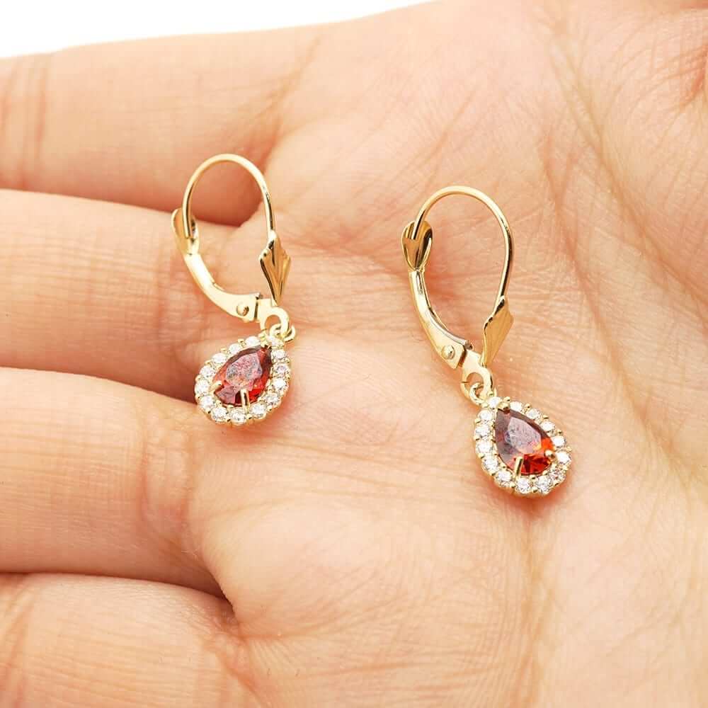 14K Gold Birthstone Halo Teardrop Leverback Earrings