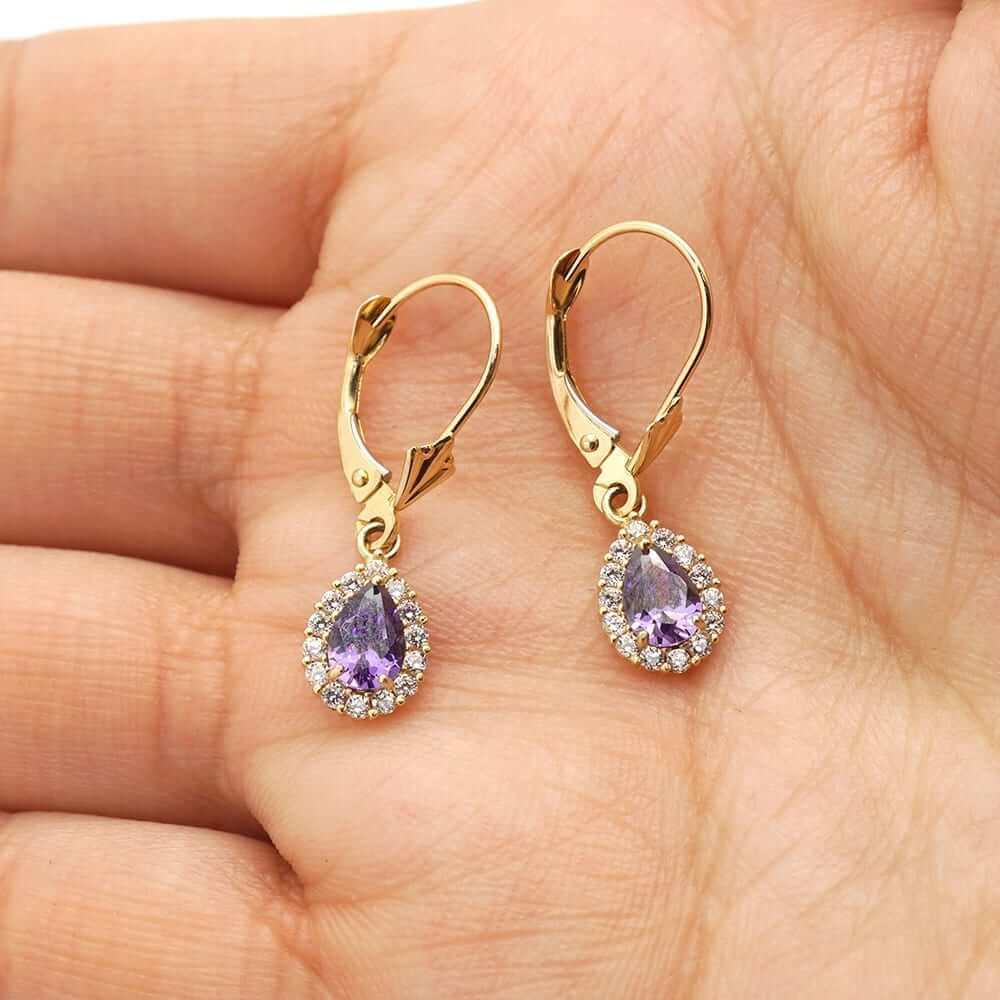 14K Gold Birthstone Halo Teardrop Leverback Earrings
