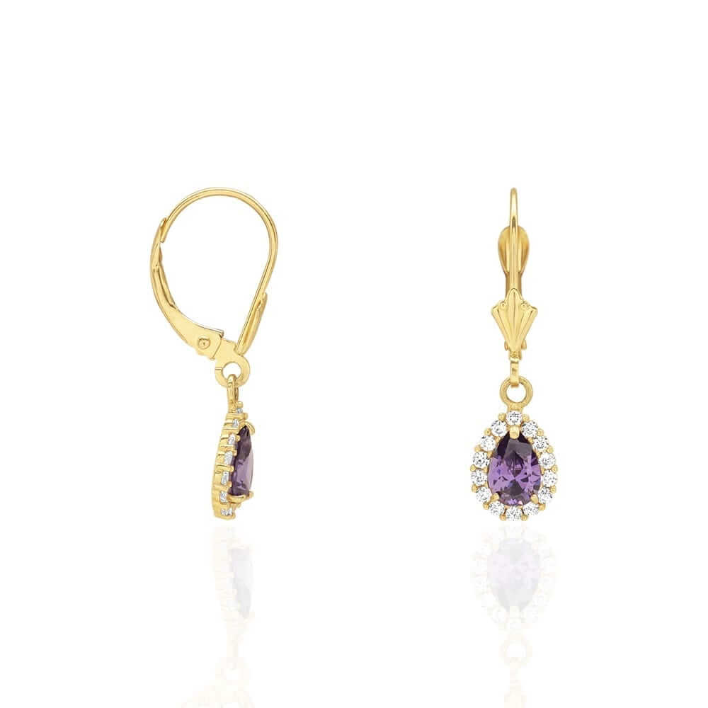 14K Gold Birthstone Halo Teardrop Leverback Earrings