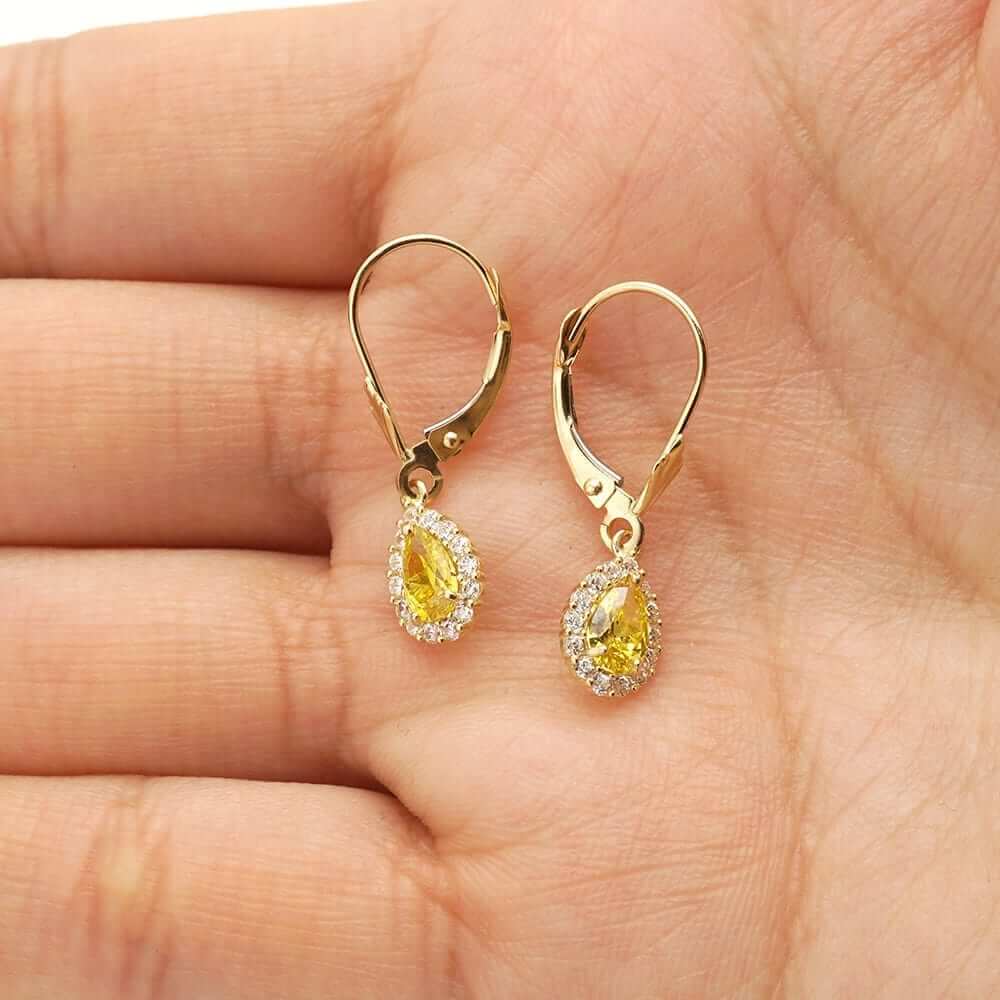 14K Gold Birthstone Halo Teardrop Leverback Earrings