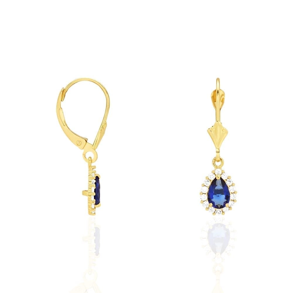 14K Gold Simulated Birthstone Halo Teardrop Leverback Earrings