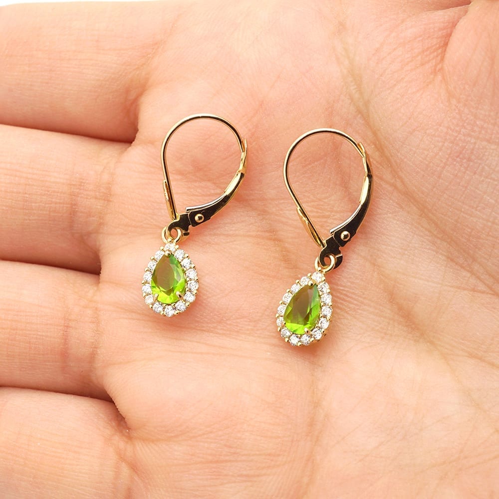 14K Gold Simulated Birthstone Halo Teardrop Leverback Earrings