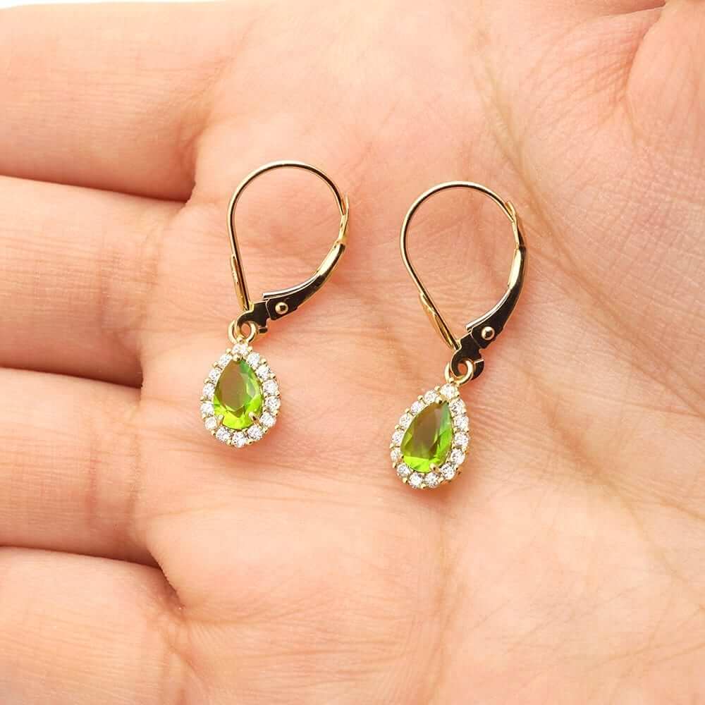 14K Gold Birthstone Halo Teardrop Leverback Earrings