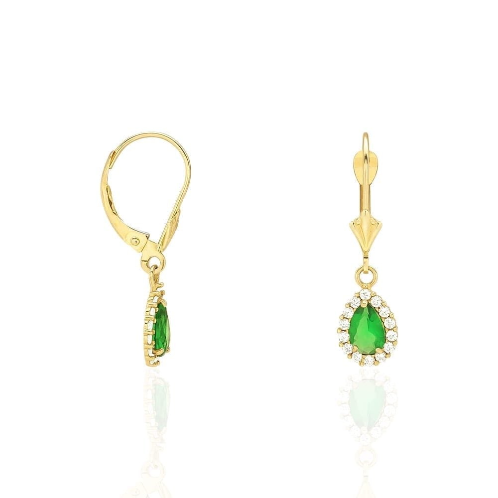 14K Gold Simulated Birthstone Halo Teardrop Leverback Earrings