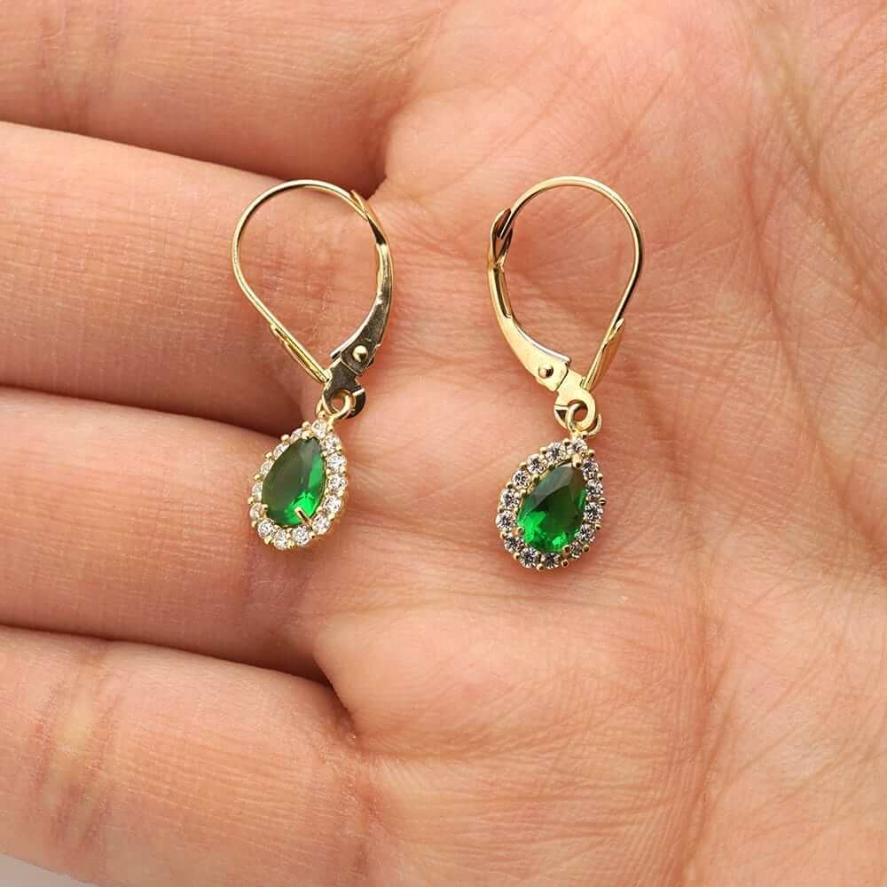 14K Gold Birthstone Halo Teardrop Leverback Earrings