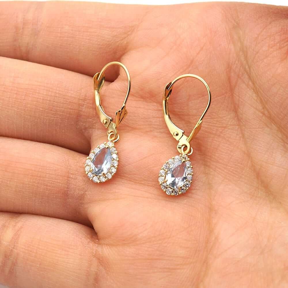 14K Gold Birthstone Halo Teardrop Leverback Earrings