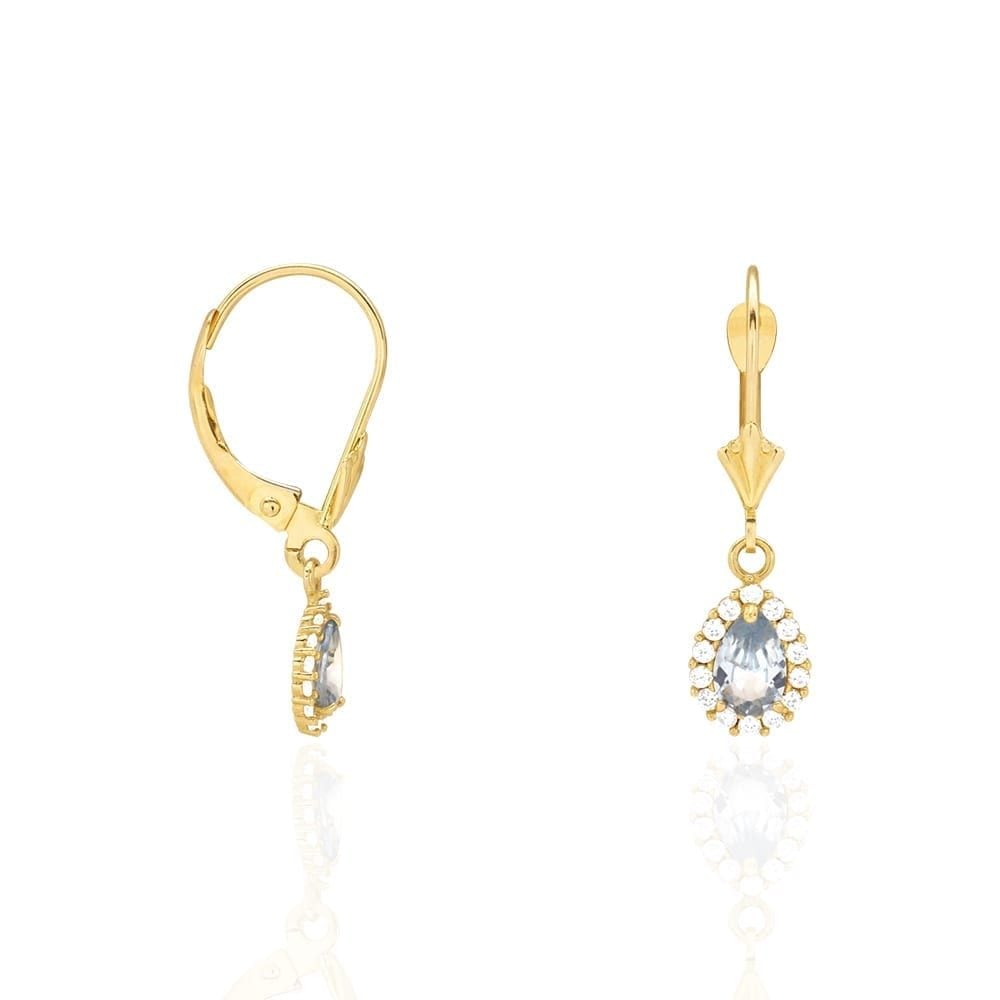 14K Gold Simulated Birthstone Halo Teardrop Leverback Earrings