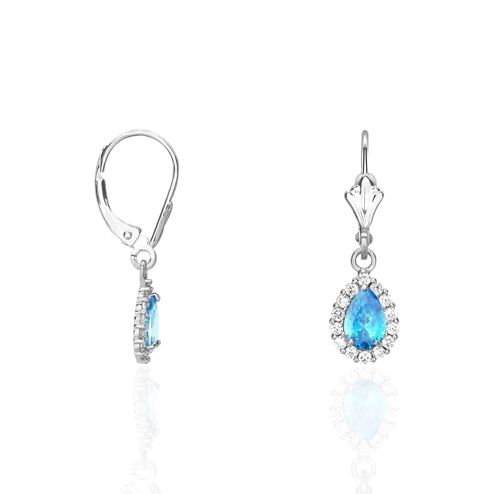 14K Gold Simulated Birthstone Halo Teardrop Leverback Earrings