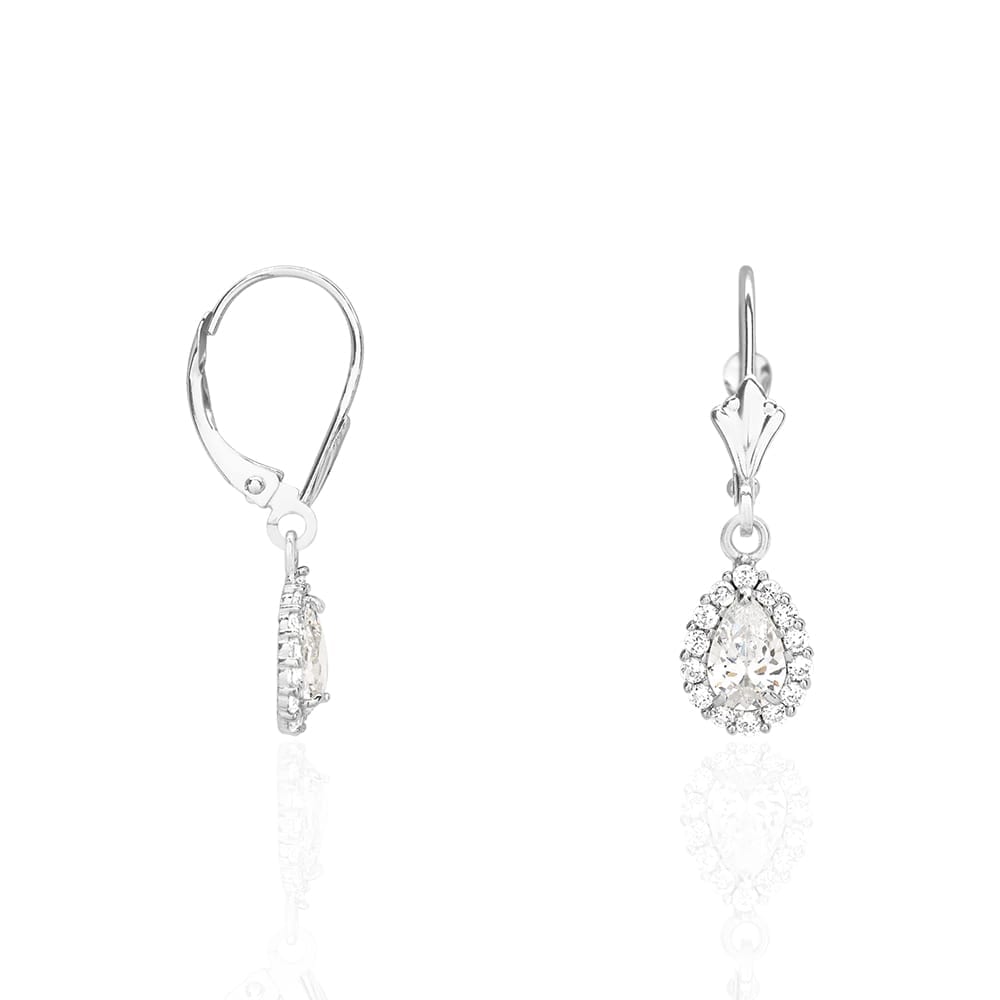 14K Gold Simulated Birthstone Halo Teardrop Leverback Earrings