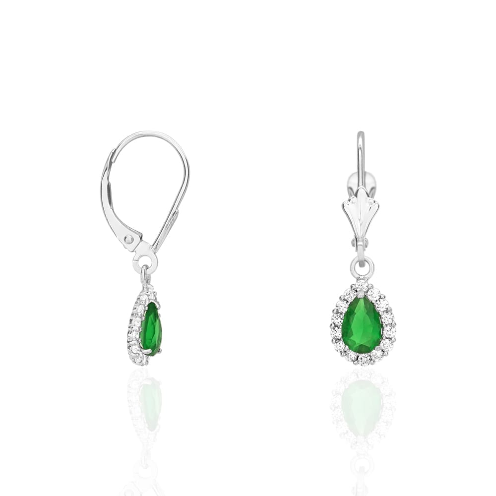 14K Gold Simulated Birthstone Halo Teardrop Leverback Earrings