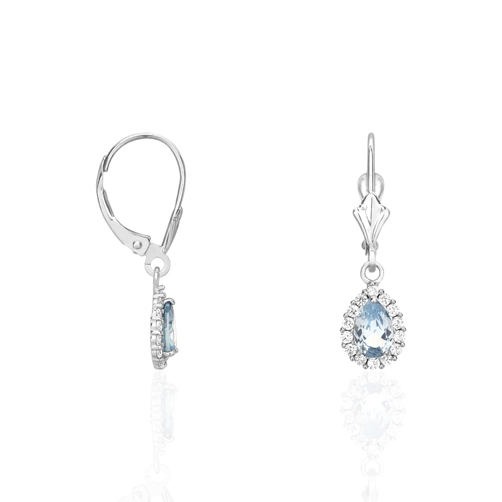 14K Gold Simulated Birthstone Halo Teardrop Leverback Earrings