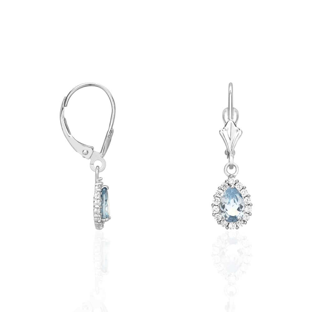 14K Gold Birthstone Halo Teardrop Leverback Earrings