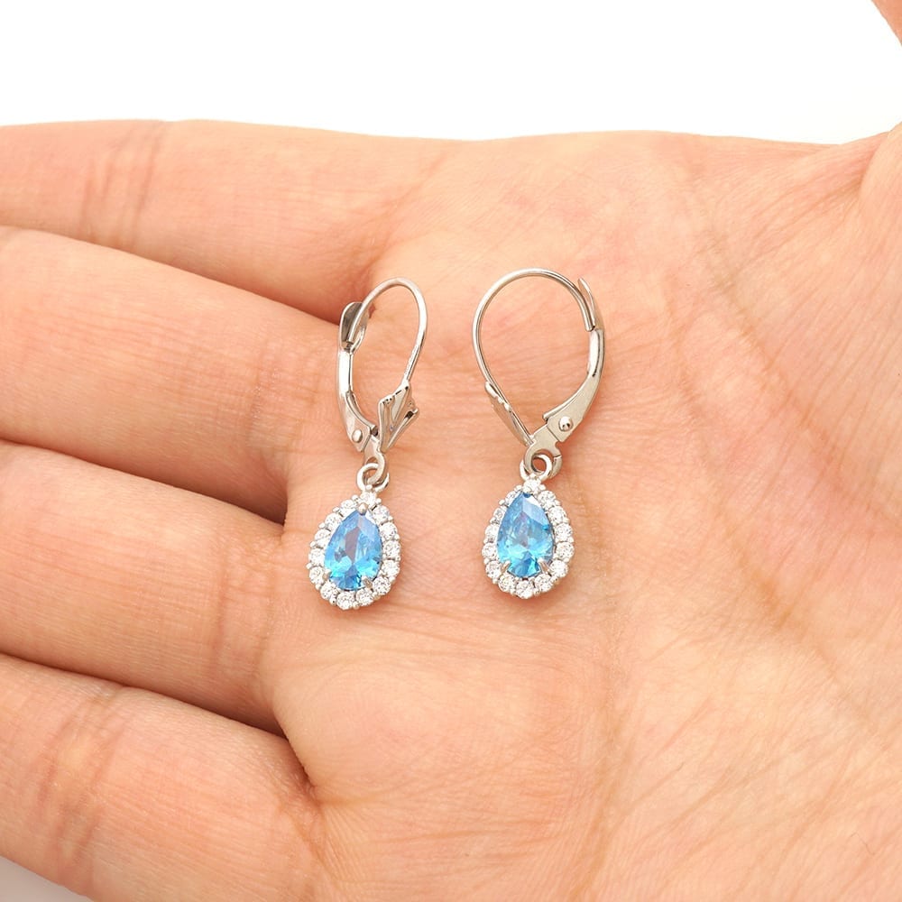14K Gold Simulated Birthstone Halo Teardrop Leverback Earrings
