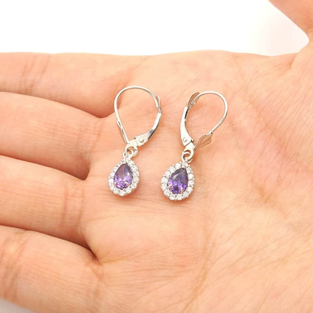 14K Gold Simulated Birthstone Halo Teardrop Leverback Earrings