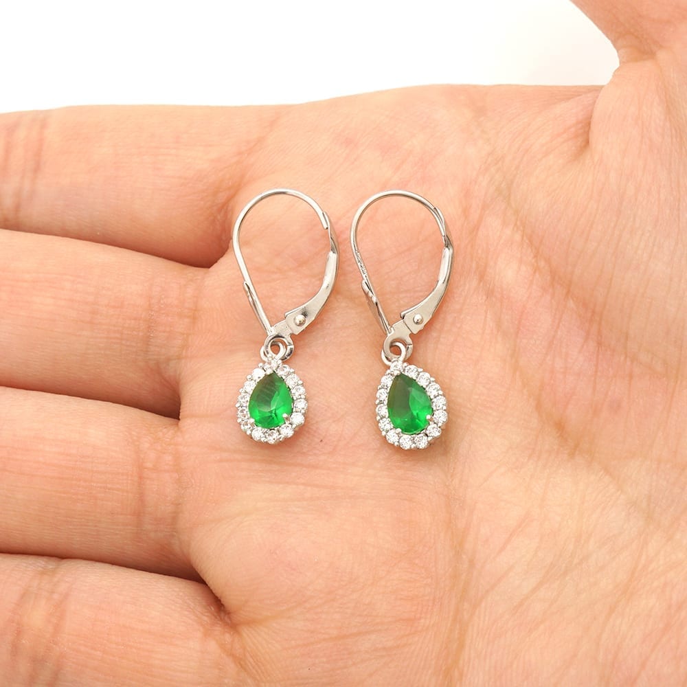 14K Gold Simulated Birthstone Halo Teardrop Leverback Earrings