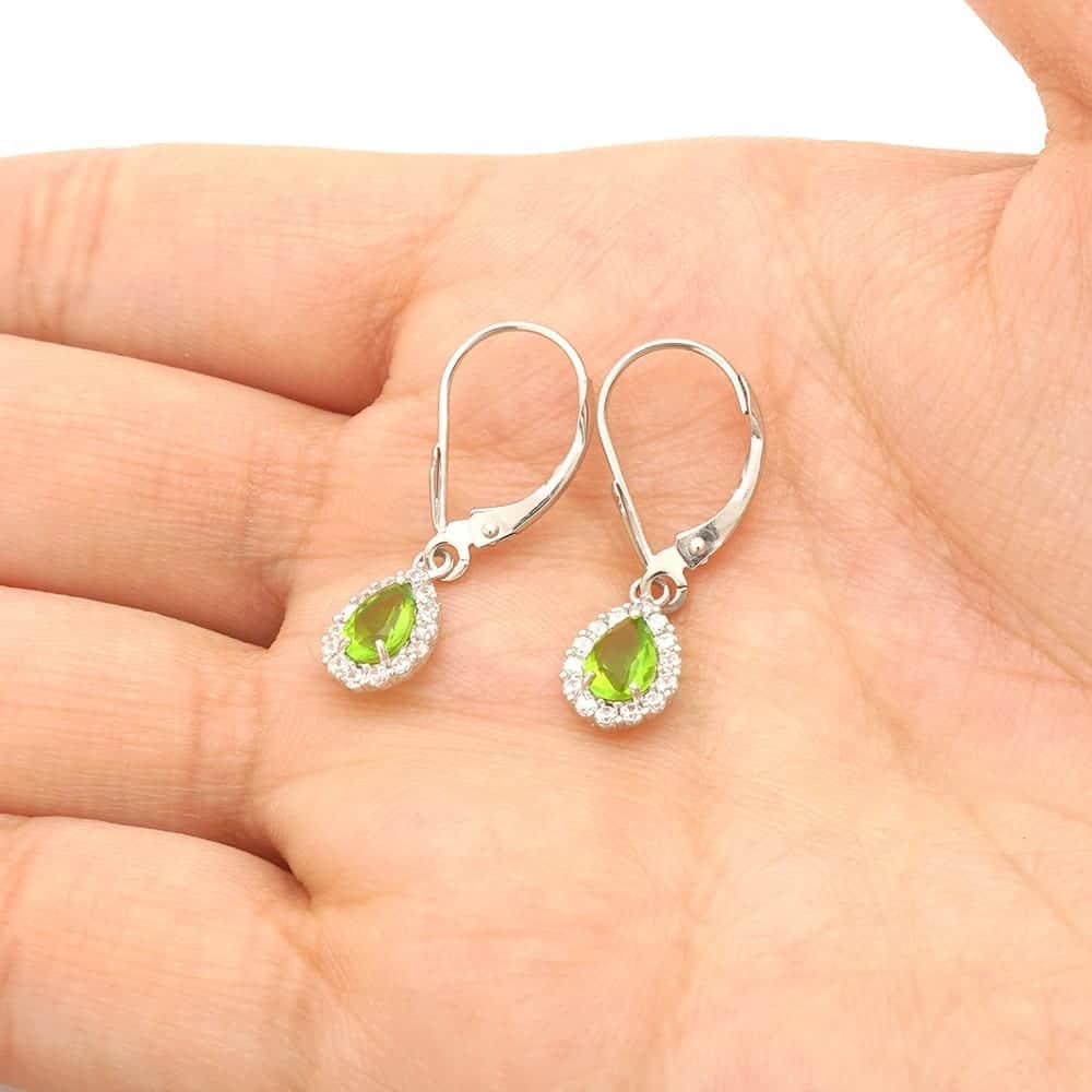 14K Gold Simulated Birthstone Halo Teardrop Leverback Earrings